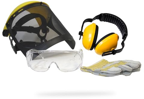 OZAKI - Kit Protection 9102130 - Tronçonnage & Débroussaillage - Casque Anti Bruit 26dB, Ecran De Protection Grillagé Relevable Classe F 45m/s, Lunettes De Protection EN166 F, Gants De Manutention