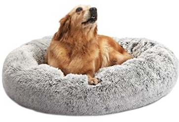 Bedfolks Calming Fluffy Donut Dog Bed for Large Dogs,Light Grey, 36 Round