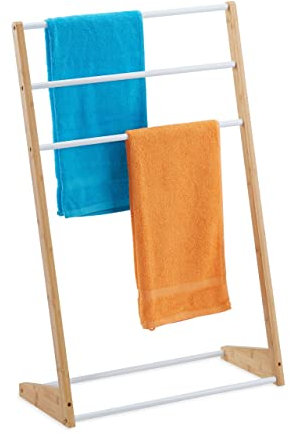 Relaxdays Handtuchhalter stehend, 3 Handtuchstangen, Bad, Schlafzimmer, HBT: 98 x 62 x 30 cm, Bambus & Eisen, Natur/weiß