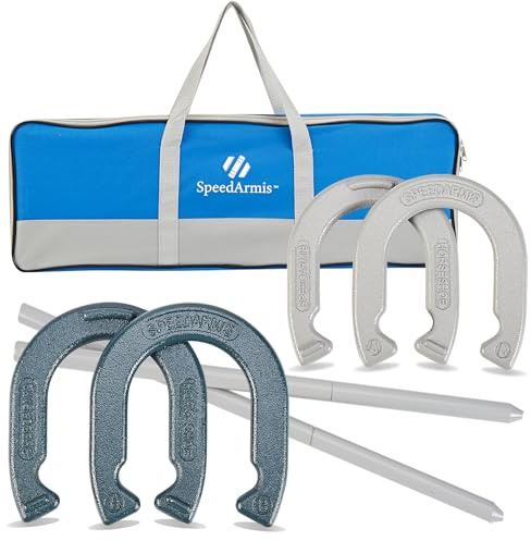 SpeedArmis Hufeisen Outdoor Game Set – Universalgröße, Rasen-Hufeisen, Outdoor-Spiele für Partys, Strand, Hinterhof, inklusive 4 Hufeisen, 2 Stahlpfähle und langlebiger Tragetasche