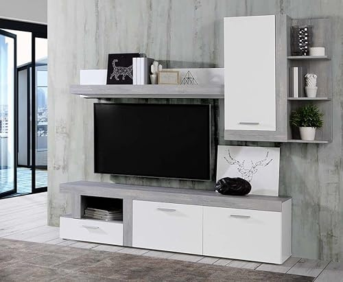 Forte JULEDA Wohnwand R 210 220, Moderne Wohnwand mit 3 Türen und 1 Schublade, Wohnzimmer, Holzwerkstoff, Eiche Nordisch Grau Holzdekor/Weiß, 217 cm breit x 194,2 cm hoch x 41 cm tief