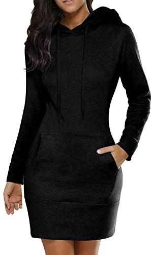 Minetom Kapuzenpullover Damen Hoodie Kleid Oversize Sweatkleid mit Kapuze Sweatshirtkleid Lang Maxi Winter Herbst Mini Kleider Langarm Lange Kapuzenpulli Jumper Pulli Kleider C Schwarz S