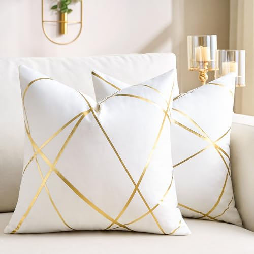 Weiß Samt Kissenbezug 50x50 cm 2er Set Golden Geometrie Sommer Dekokissen Kissenhülle Groß Sofakissen Couchkissen Dekorative Kissen Kissenbezüge Moderne Zierkissen Bezug für Schlafzimmer Sofa Bett