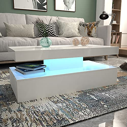 JYMTOM LED-Couchtisch in Weiß mit Hochglanzoptik für Wohnzimmer, moderner rechteckiger Beistelltisch mit 16 Farben RGB-LED-Licht für Home-Office-Möbel, 100 * 50 * 39 cm