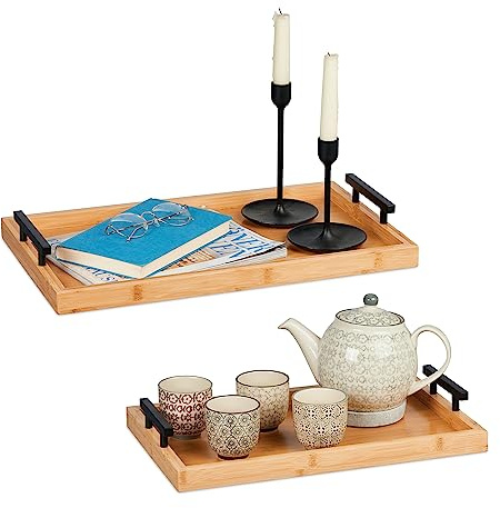 Relaxdays Tablett 2er Set Bambus, HBT: 7x50x30 cm & 7x43x26 cm, Serviertablett, Griffe, hoher Rand, Küchentablett, Natur | Serviertablett, Griffe, hoher Rand, Küchentablett