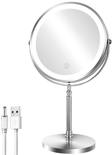AusDaur 8” Magnifying Makeup Mirror With Light - 1X/10x 360 Rotation Touch Screen Vanity Mirror with Rechargeable 3 Color Lights for Men/Women