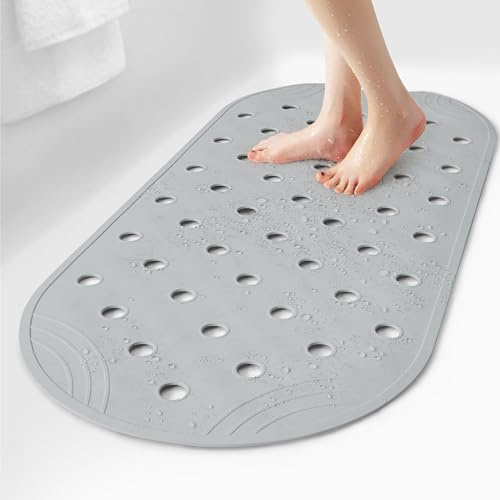 SelfSuite Tappetino in gomma per vasca da bagno e doccia, antiscivolo, 80 x 35 cm, con ventose e fori di drenaggio, grigio