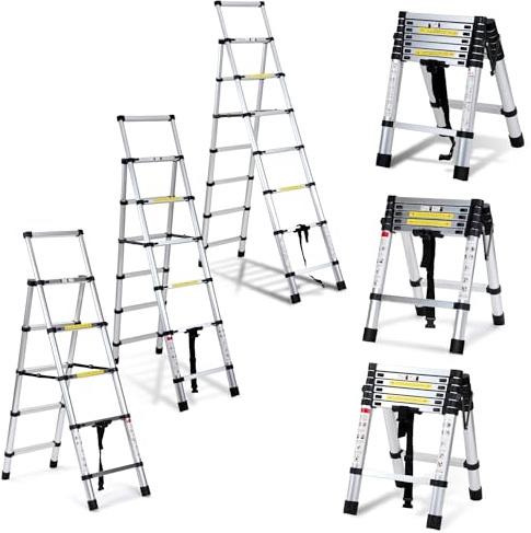 SWANEW 1.4M+1.7M Teleskopleiter, Alu Ausziehbare Leiter, Klappleiter Stehleiter Rutschfester Mehrzweckleiter, Haushaltsleiter 150 kg Belastbarkeit