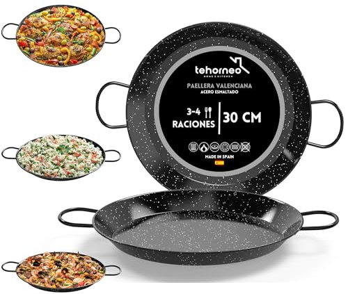 TEHORNEO Paellera Induccion, Paellera 30 cm de Acero Esmaltado 3-4 raciones, Paella Induccion, Paella 30 cm Compatible con Inducción, Vitrocerámica, Gas y Electrica, Paelleras 30cm