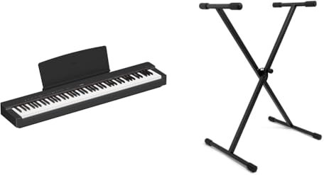 Yamaha P-225 Digital Piano with 88 Graded Hammer Compact Keys and 24 Instrumental Voices & TIGER KYS77-BK X-Frame Keyboard Stand - Height Adjustable Single Braced for Keyboards