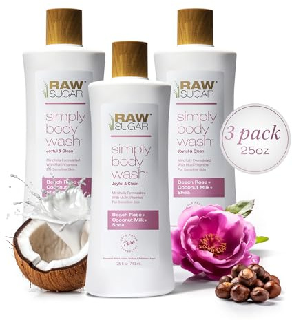 RAW SUGAR Simply Body Wash, Beach Rose + Coconut Milk + Shea (25 fl oz, Pack of 3), Sensitive Skin Bath Soap F