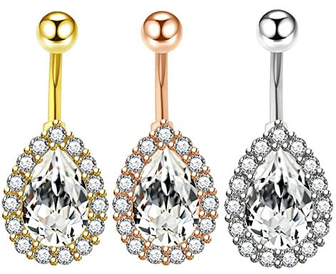Epinki Piercing Schmuck, 3 Pcs Piercings Set, Edelstahl Nabelpiercing Träne Tropfen Körperpiercing mit Anhänger Zirkonia Körperschmuck, Tricolor
