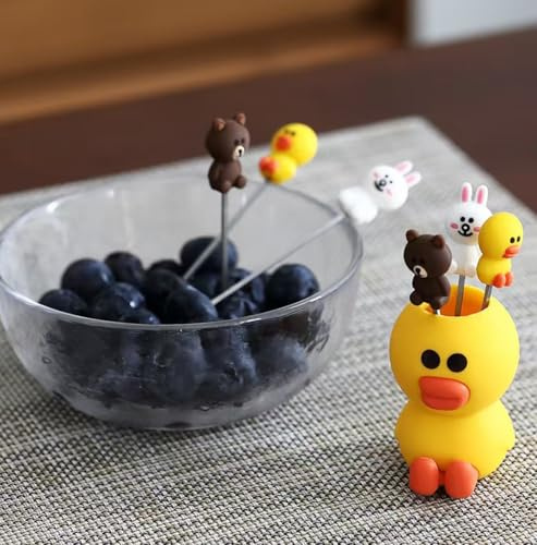 Fruktgafflar salladsgafflar med rostfritt stål barnmat dyrk gaffelhållare upprepad användning av fruktgafflar för att dekorera söta 5 tecknade fruktgafflar och 1 gul anka silikonhållare (gul anka)