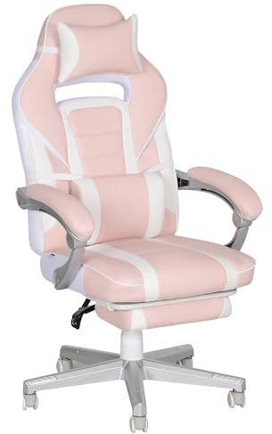 HOMCOM Gamingstuhl mit Fußstütze, Höhenverstellbar, bis 120 kg, Rosa | Schreibtischstuhl mit Kopf- und Lendenkissen, Drehbar Gaming Sessel mit Neigbarer Rückenlehne, Kunstleder