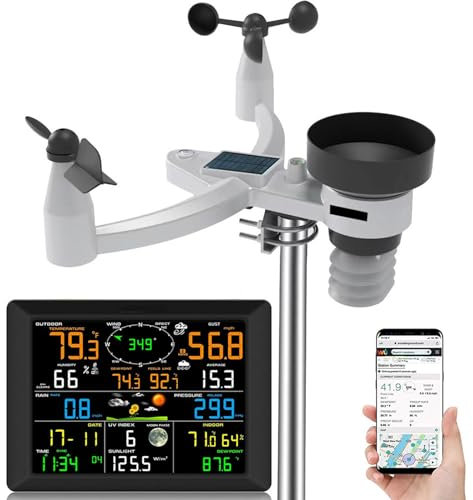 GZKDKZB Estación meteorológica Inteligente con monitoreo Remoto por WiFi y alertas, con termómetro, medidor de Humedad, pluviómetro, anemómetro, índice UV y función de Registrador de Datos