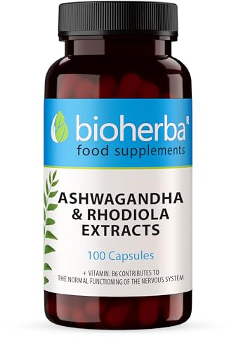 Ashwagandha y Rhodiola – 100 Cápsulas Alta Potencia | Suplemento adaptógeno con vitaminas B2, B5 y B6 para el equilibrio y bienestar diario | Bioherba
