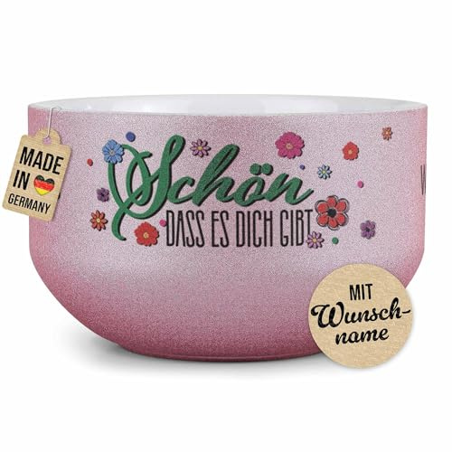 Print Royal PR Glitzer Müslischale mit Name selbst gestalten - Schön, dass es dich gibt - Personalisiertes Geschenk zum Geburtstag, Danke sagen - Keramik, Pink 500 ml