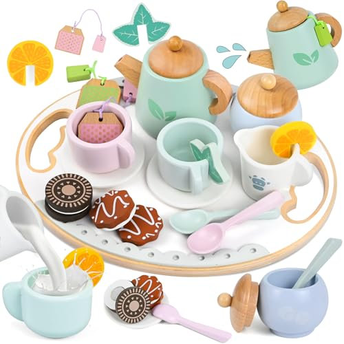 PATEMZON Set da Tè Giocattoli in Legno, Set da Tè di Legno per Bambini, Gioco di Ruolo in Festa del Tè-, Cucina Giocattolo Legnos Montessori Giochi, Regalo Compleanno Natale Ragazzi Ragazze 3-5 Anni