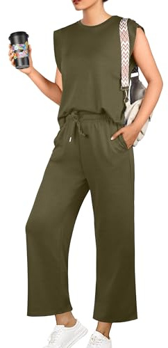 GRECERELLE Womens 2 Piece Outfits Summer Tracksuit Full Set Casual Travel Outfit Crew Neck Coords Sets Lounge Wear Sets Cap Sleeve Top And Long Trousers With Pockets for Women UK
