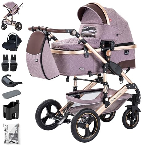 Daliya® BAMBIMO 3in1 Kinderwagen & Buggy Set mit i-Size Babyschale (ECE R129) – Kombikinderwagen ab Geburt bis 22 kg, pannensichere Räder, Federung, höhenverstellbar (Rose - Rahmen Gold)