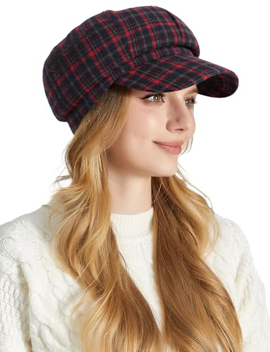 Adigau Damen Baskenmütze Elegante Mütze Casual Newsboy Mütze Vintage Achteckiger Hut 8 Panels Schirmmütze Einheitsgröße Rot Kariert