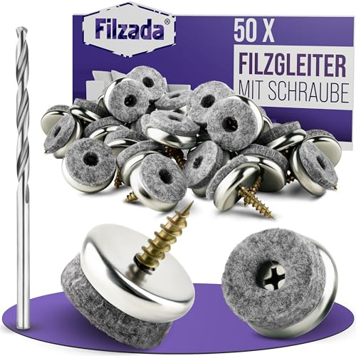 Filzada® 50x Filzgleiter Schrauben Ø 18mm inkl. Bohrer - Stuhlgleiter Profi | Möbelgleiter Filz extra dick - Stuhlbeinschoner für Parkett, Fliesen, Vinyl - 3300 GSM Filzstärke 5,5mm - geräuschmindernd