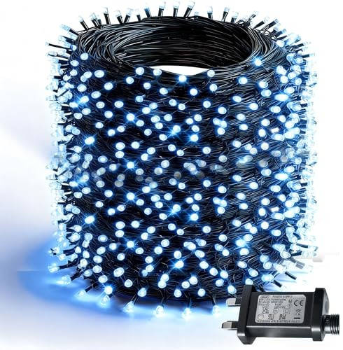 Dazzle Bright Christmas Lights Outdoor, 60M 600 LED Green Wire String Lights with 8 Modes and Timer, Waterproof Christmas Decorations Light for Indoor Patio Garden Xmas Party Tree, White