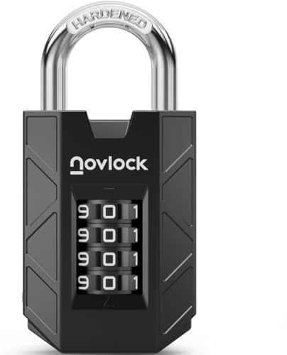 NOVLOCK Cadenas à code à 4 chiffres – robuste et sécurisé – anse en acier trempé de 7 mm – pour casiers, armoires, boîtes à outils, portails, clôtures et abris – lot de 1, noir