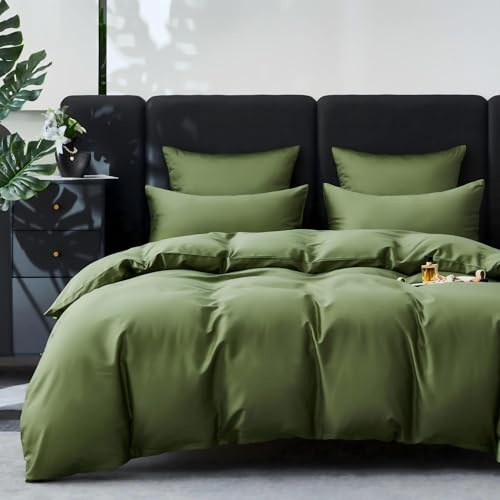 YASMENG Copripiumino in raso di cotone 200 x 200 cm, verde oliva 100% cotone satinato, set da letto morbido e setoso traspirante Lyocell seta biancheria da letto matrimoniale con cerniera e federe 65