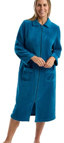 Marlon Ramona Bequemer Fleece-Morgenmantel für Damen in Korallenrot – Weicher und warmer Morgenmantel mit Knopf- oder Reißverschluss, Peter-Pan-Kragen und Taschen