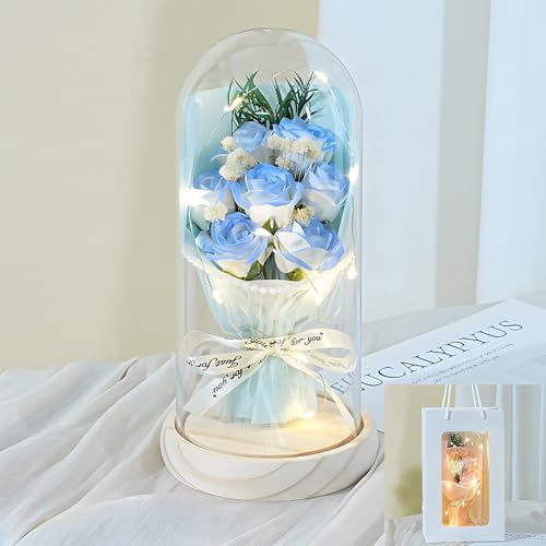 Jonuin 7 Eternal Roses in Glass Dome, Light Up Rose with LED Lights & Real Wood Base, Artificial Flowers, Birthday Gift for Women with Gift Bag, Floral Decor for Anniversary Valentine's Day (Blue)