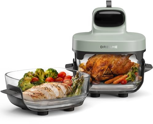 DREAME Tasti Freidora De Aire De Vidrio Portátil 5-1, 2 Ollas (2,5 L + 4,5 L), Cristal Borosilicato 6 mm, Aire Caliente 3D, Apta Lavavajillas, Vista Panorámica 360°, Desmontable
