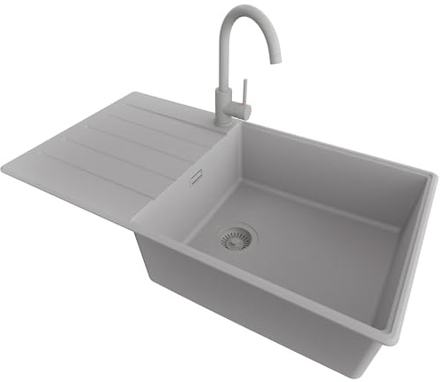 PRIMAGRAN Lavandino da Cucina al Mobile 60cm + Rubinetto, 90x50cm | Set: Rubinetto BW5010 + Kit di scarico + Lavello in Granito a 1 Vasca - Copenhagen Top, Tutto Grigio
