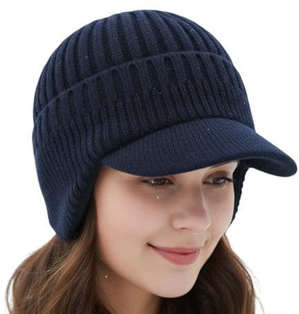 Aukojoy Winter Hat with Peak and Ear Flaps, Warm Fleece Lining, Knitted Hat, Soft Hat Cap for Men, Ideal for Outdoor Activities