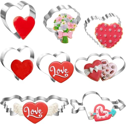 Juego de 8 cortadores de galletas con forma de corazón, de acero inoxidable, con múltiples estilos, con texto LOVE, perfecto para San Valentín, boda, regalo de aniversario
