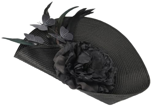 DIYEAH Fascinator da Donna Nero Design Cappello di Paglia, Cerchietto Fiori, Farfalla e Piume per Tea Party, Banchetti e Matrimoni, Accessorio Elegante per Cerimonie e Feste