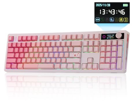 EPOMAKER TH108 V2 PRO Full Size Mechanical Keyboard with Screen&Knob, 10000mAh, BT/2.4Ghz, Mac Modifier PBT Keycap, Hot Swap, RGB, Gasket, Wireless Gaming Keyboard for Mac/PC (Pink, Creamy Jade)