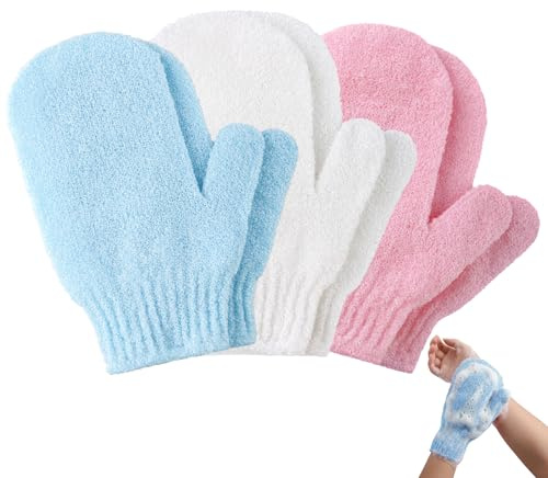 Exfoliating Gloves 6PCS, Bath and Body Exfoliating Gloves, Wash Gloves for Body, Removes Ingrown Hairs and Dead Skin Cells, Suitable for Shower, Massage, SPA(White+Blue+Pink)