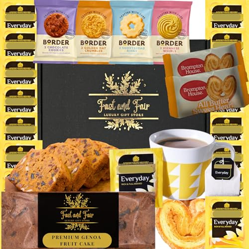 Luxury Tea & Cake Gift Set - Food Gift Hamper with Everyday Tea, Premium Genoa Fruit Cake, Border Biscuit Selection and All Butter Sweethearts - 23 Items in Gold Embossed Gift Box