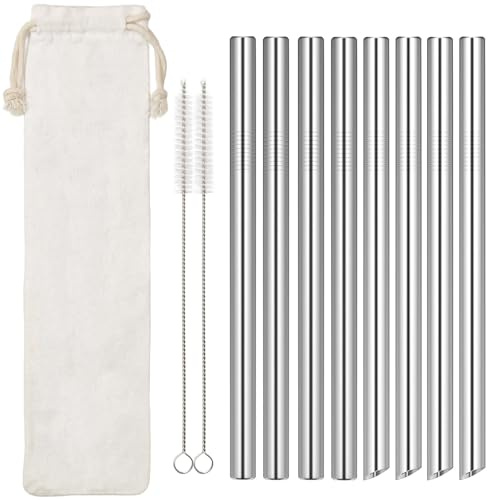 Set of 8 Bubble Tea Straws, Extra Wide 12mm Reusable Metal Straws Drinking | Stainless Steel thick Straw for Boba, Smoothie, Milkshake, with 2 Cleaning Brushes & Storage Bag ( 21.5cm x 1.2cm )