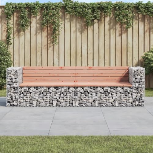 kithwjll Gabion Garden Bench with Solid Douglas Fir Wood, 244 x 71 x 65.5 cm, Weatherproof and Sturdy, Outdoor Bench for Garden, Patio, Balcony, Compact Wooden Bench without Backrest
