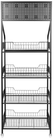 ZHINELY 4 Tier Display Rack, Snack Rack with Wheels Heavy Duty Storage Shelf 10KG per Tier, Freestanding Grid Display Stand with 10 Hooks for Kitchen Pantry Shop Cafe Playroom Black (Black)