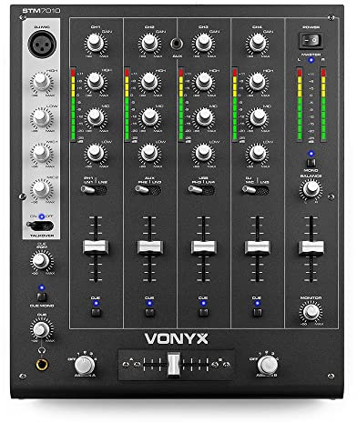VONYX STM-7010 4-Channel DJ Mixer with USB, Professional Audio Mixer featuring Cue, Crossfader, Phono Inputs and Line Connections for Live Sets or Studio Recording, DJ Music Mixer