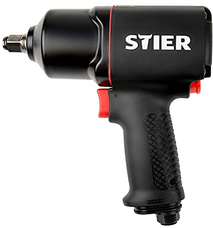 STIER Druckluft-Schlagschrauber 17-BS, max. Lösemoment 1,756 Nm, vierkant, 1/2 Zoll, Stecknippel 1/4 Zoll, Doppelhammer-Schlagwerk, 3 Geschwindigkeitsstufen, Rechts- und Linkslauf