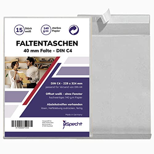 15 Faltentasche Versandtasche C4 Bodenfalte 40mm in Weiß ohne Fenster, mit Haftklebung und Abdeckstreifen, 229 x 324 x 40 mm, Premium Qualität, 140g/qm Papier, mit Falte, Faltenversandtasche