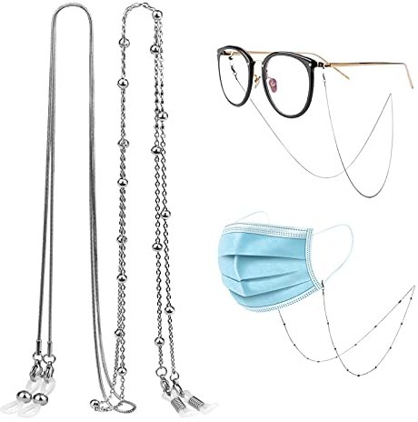 Metal Eyeglass Chain Neck Cord, 2 Pcs Anti-Slip Silicone Ends Spectacle Chain Sunglass Neck Strap Holder Glasses Lanyard Retainer for Women Men (Silver Golden) (Silver)