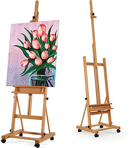 VISWIN Extended Large H-Frame Easel for Painting, Adjustable Beech Wood Artist Easel Stand with 4 Wheels & Storage Tray, Foldable Art Easel Floor for Adults, Hold Canvas up to 93