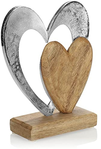 com-four® Deko-Aufsteller Herz - Metall- und Holz-Herzen auf Mangoholz-Sockel - Deko-Herzen zum Hinstellen - Herzdeko zum Verschenken