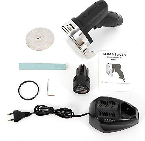 Grillschneider, 80W Elektrisch Dönermesser Kebabmesser, Tragbarer Akku-Fleischschneider Profi Imbiss Dönermesser,Einstellbare Schnittstärke0-8mm 12V (Schwarz)