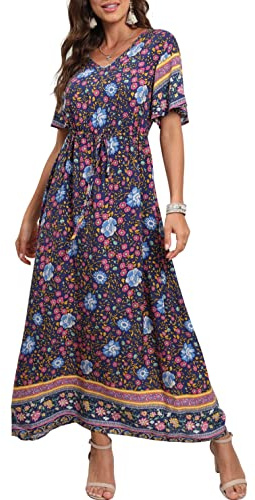 GRECERELLE Womens Summer Maxi Boho Beach Dress Floral Print Dress V Neck Short Sleeve Drawstring High Waist Flowy Long Midi Dresses (Dahlia Navy, S)